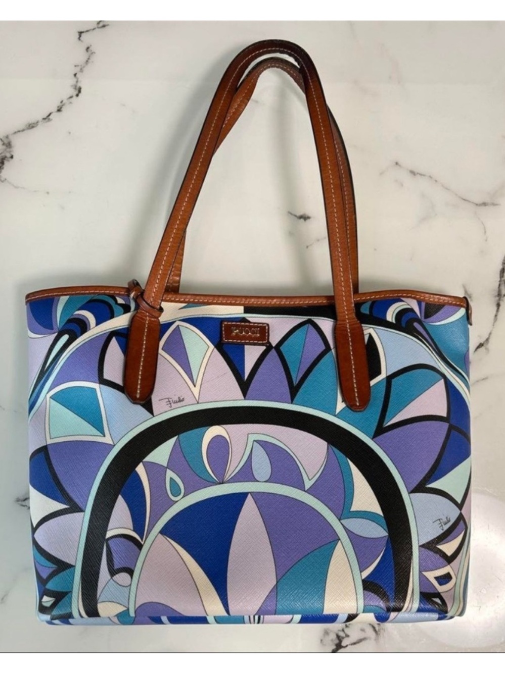 Emilio Pucci Blue and Purple Patterned Tote with Brown Handles - Picture 3 of 4